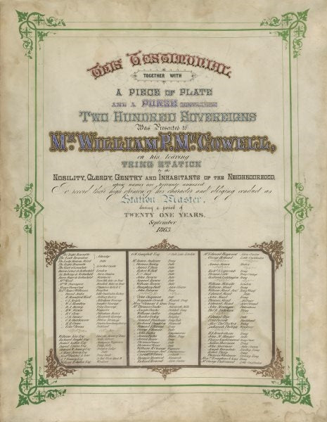Tring Station Master testimonial. William McCowell. Hertfordshire. Rail 1863