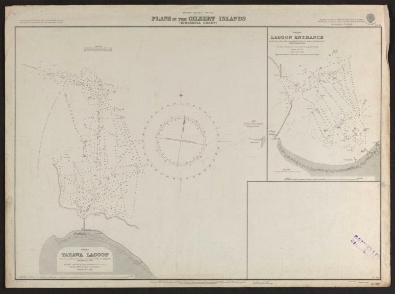 Tarawa Lagoon. Gilbert Islands. Kiribati. Admiralty nautical sea chart 1920 map