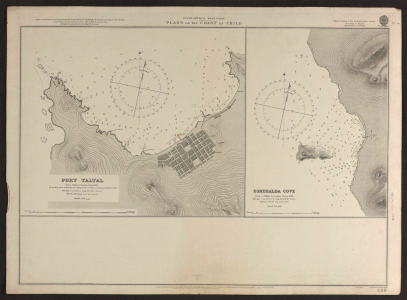 Chile coast. Port Taltal & Esmeralda Cove. Admiralty nautical sea chart 1906 map