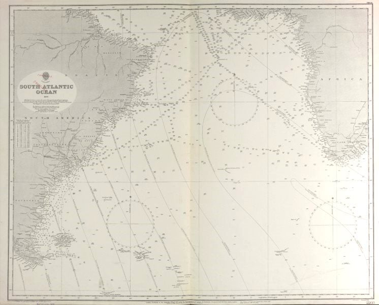South Atlantic Ocean. Admiralty nautical sea chart. Depth soundings 1928 map