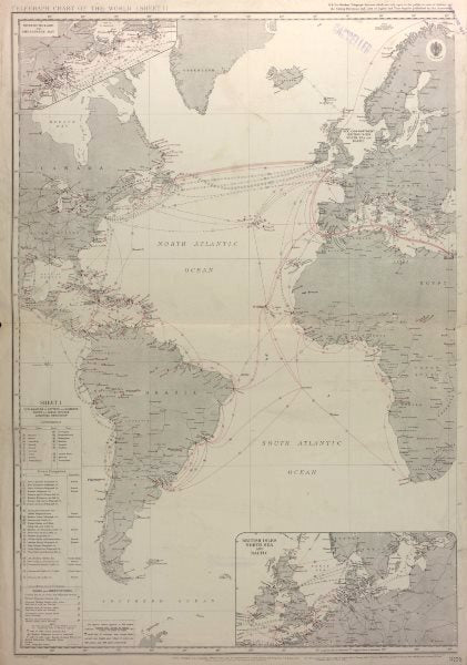 Atlantic Ocean telegraph cables routes. Admiralty nautical sea chart 1922 map