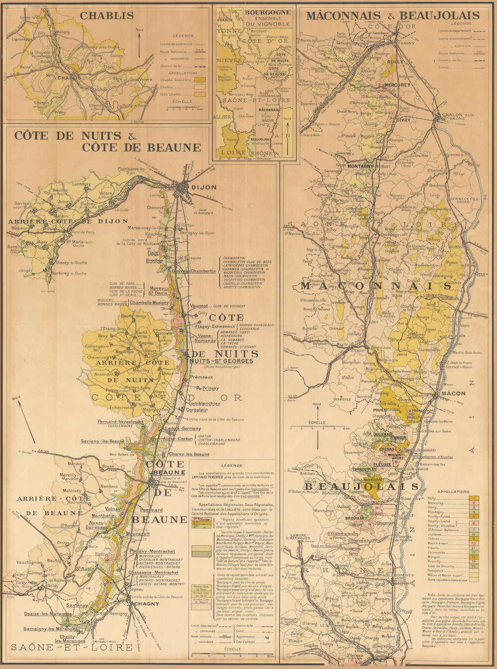 Bourgogne wine wall map 95x71cm. Chablis Côte de Nuits/Beaune Mâcon LARMAT c1943