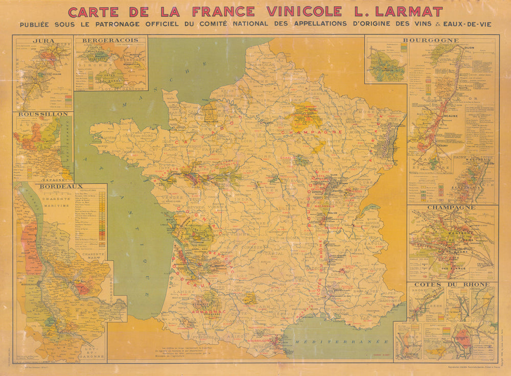LA FRANCE VINICOLE. Large wine wall map 85x115cm. LARMAT 1945 old vintage