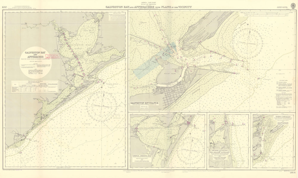 Galveston Bay approach Corpus Christi Texas ADMIRALTY sea chart 1923 (1955) map
