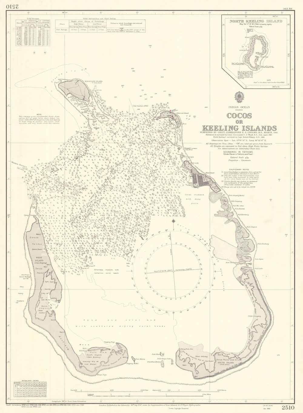 Cocos/Keeling Islands Indian Ocean Australia ADMIRALTY sea chart 1947 (1956) map