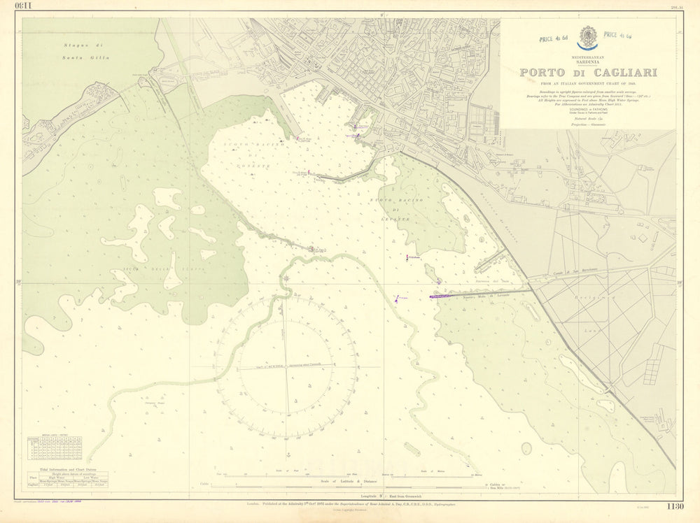 Porto di Cagliari, Sardinia. Mediterranean. ADMIRALTY sea chart 1951 (1956) map