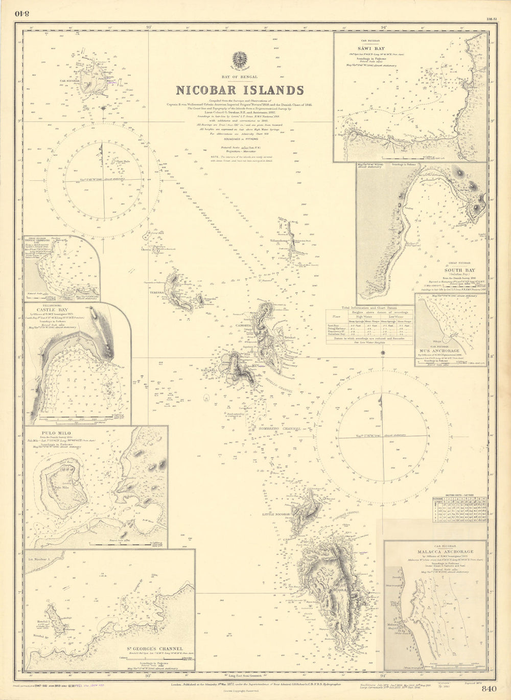 Nicobar Islands harbours India Bay of Bengal ADMIRALTY sea chart 1872 (1954) map