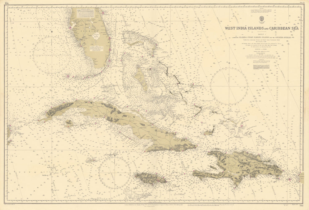 West Indies Caribbean Florida Bahamas Cuba ADMIRALTY chart 1876 (1949) old map