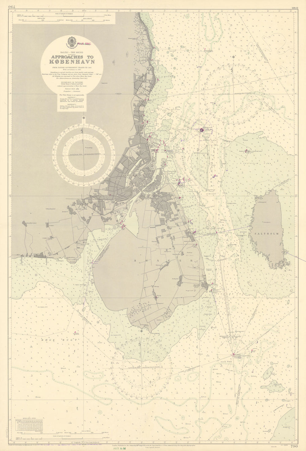 Copenhagen København approaches. Denmark. ADMIRALTY sea chart 1951 (1956) map