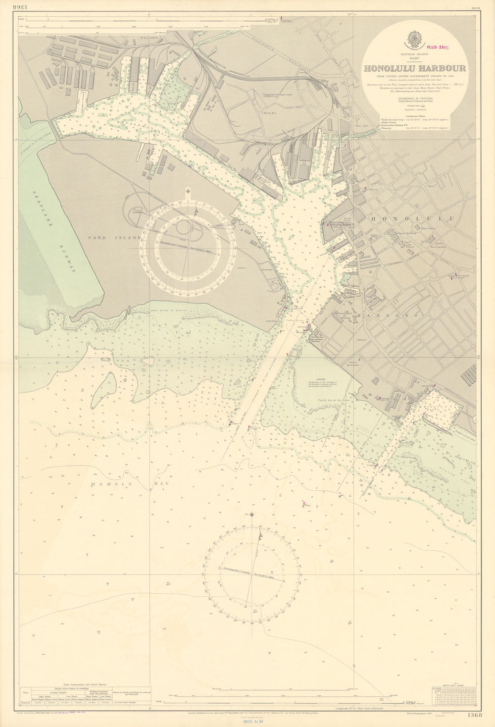 Honolulu Harbour, Oahu, Hawaiian Islands. ADMIRALTY sea chart 1950 (1956) map