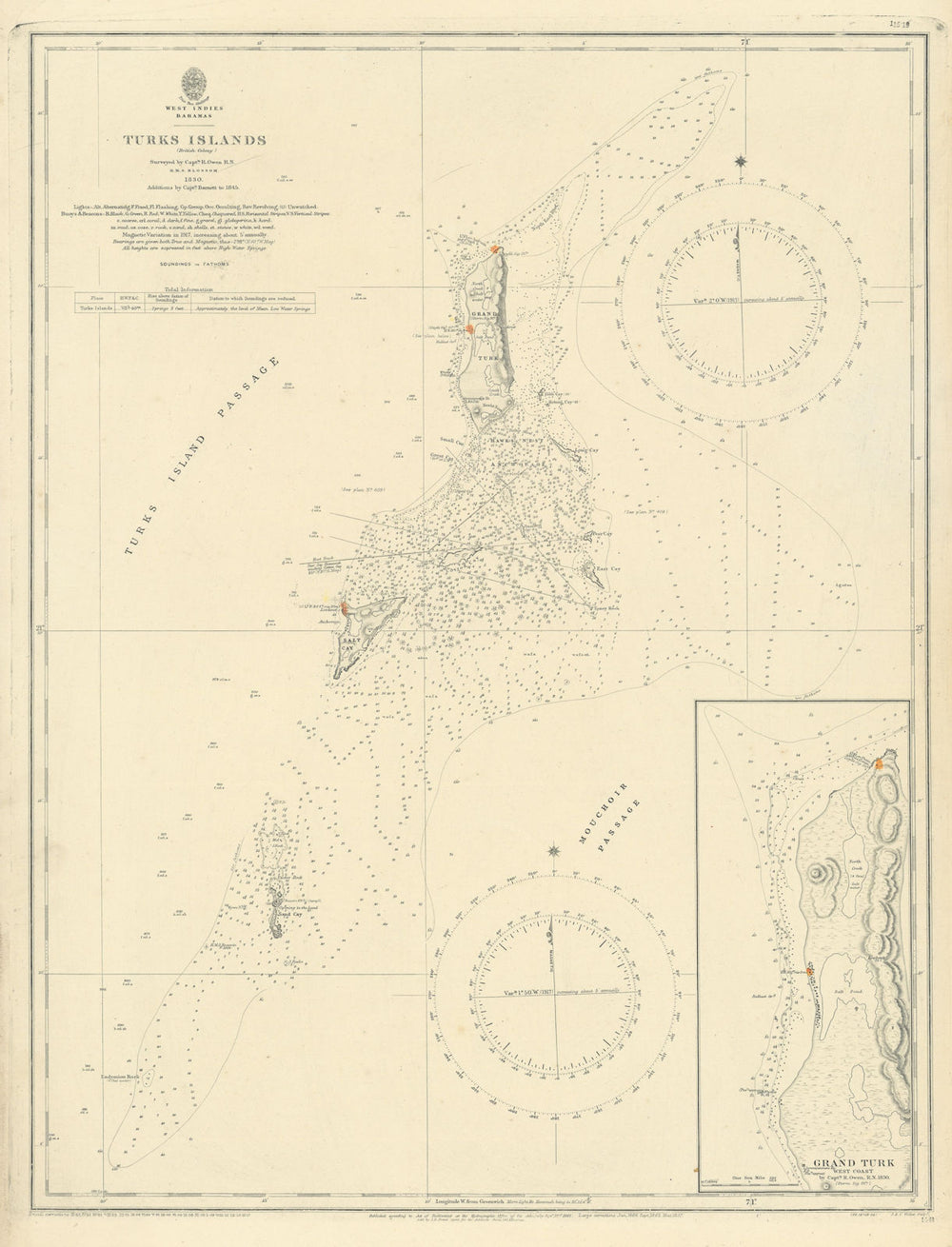 Turks Islands Grand Turk. Caicos Caribbean ADMIRALTY sea chart 1842 (1917) map