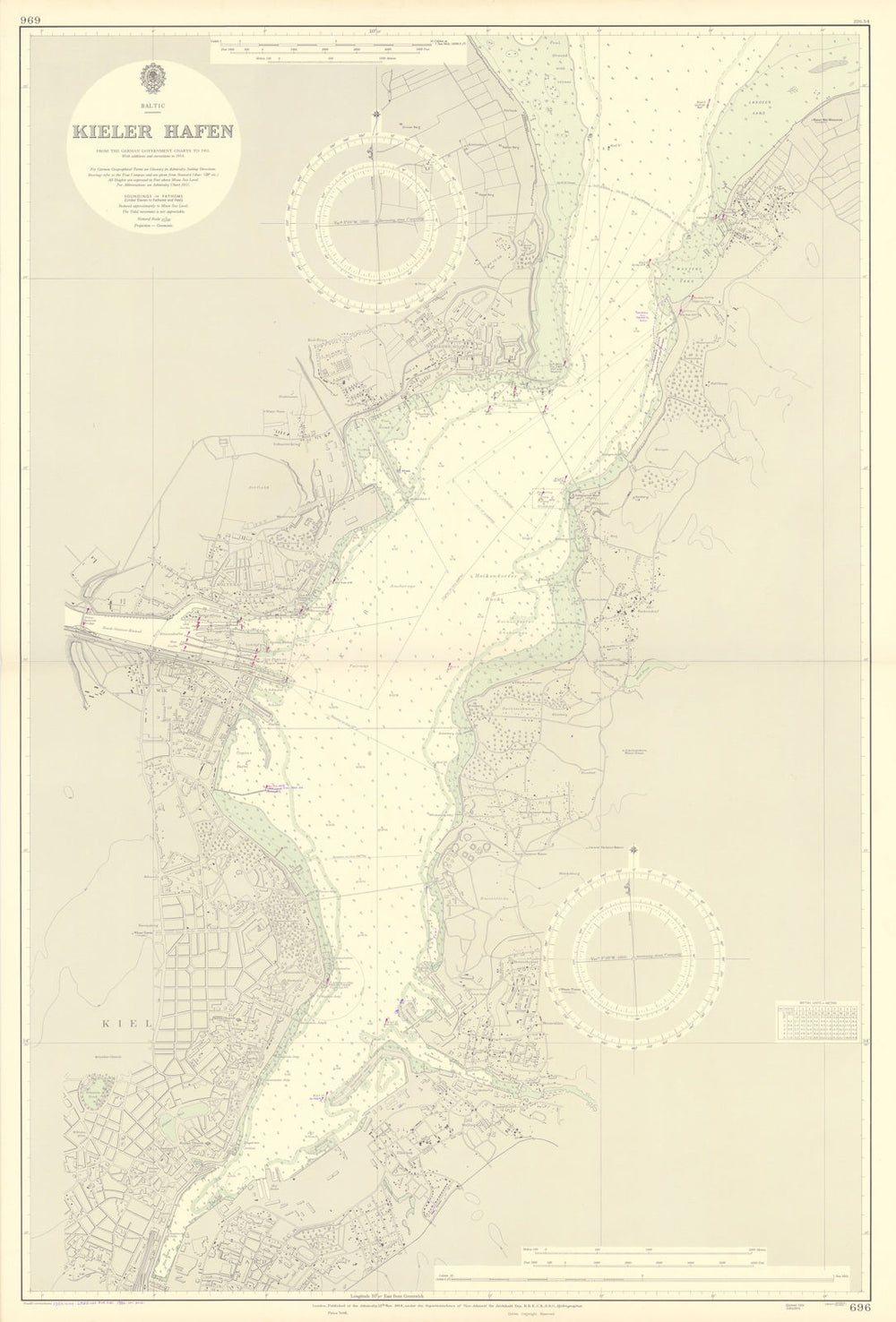 Kieler Hafen, Baltic. Germany. ADMIRALTY sea chart 1954 (1956) old vintage map