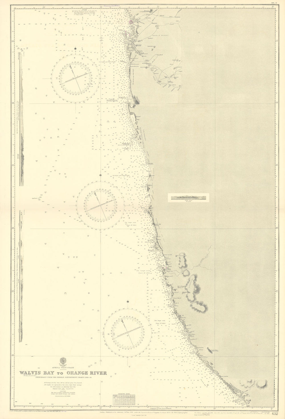 South Namibia coast. Walvis Bay-Orange River ADMIRALTY sea chart 1881 (1954) map