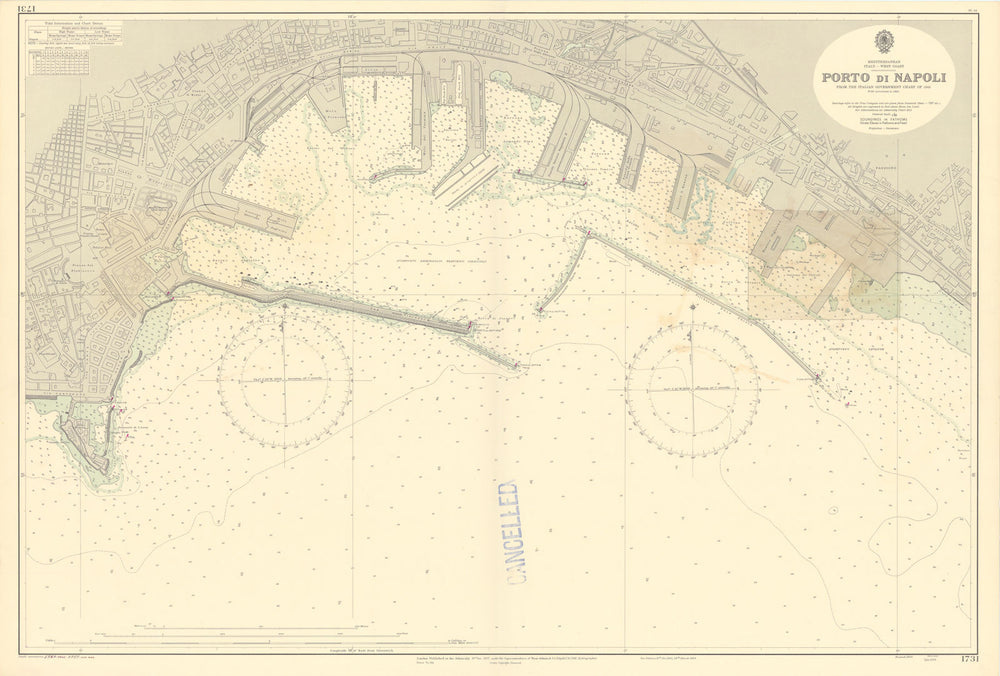 Port di Napoli. Naples, Italy. ADMIRALTY sea chart 1937 (1955) old vintage map