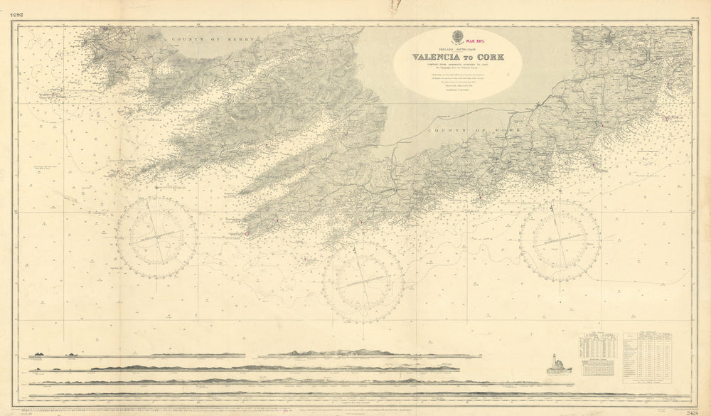 Ireland south coast - Valencia to Cork. ADMIRALTY sea chart 1908 (1956) map