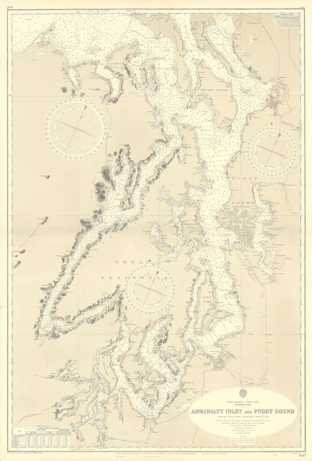 Admiralty Inlet Puget Sound Seattle Washington ADMIRALTY chart 1893 (1957) map