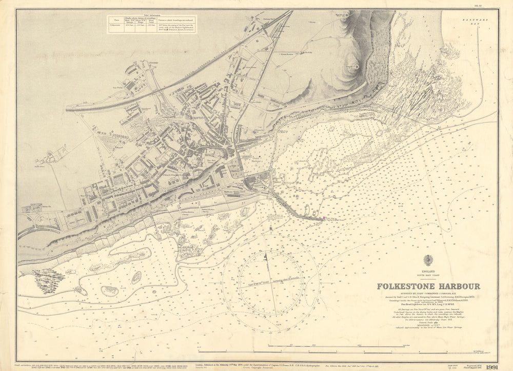 Folkestone Harbour, Kent. ADMIRALTY sea chart town plan 1874 (1953) old map