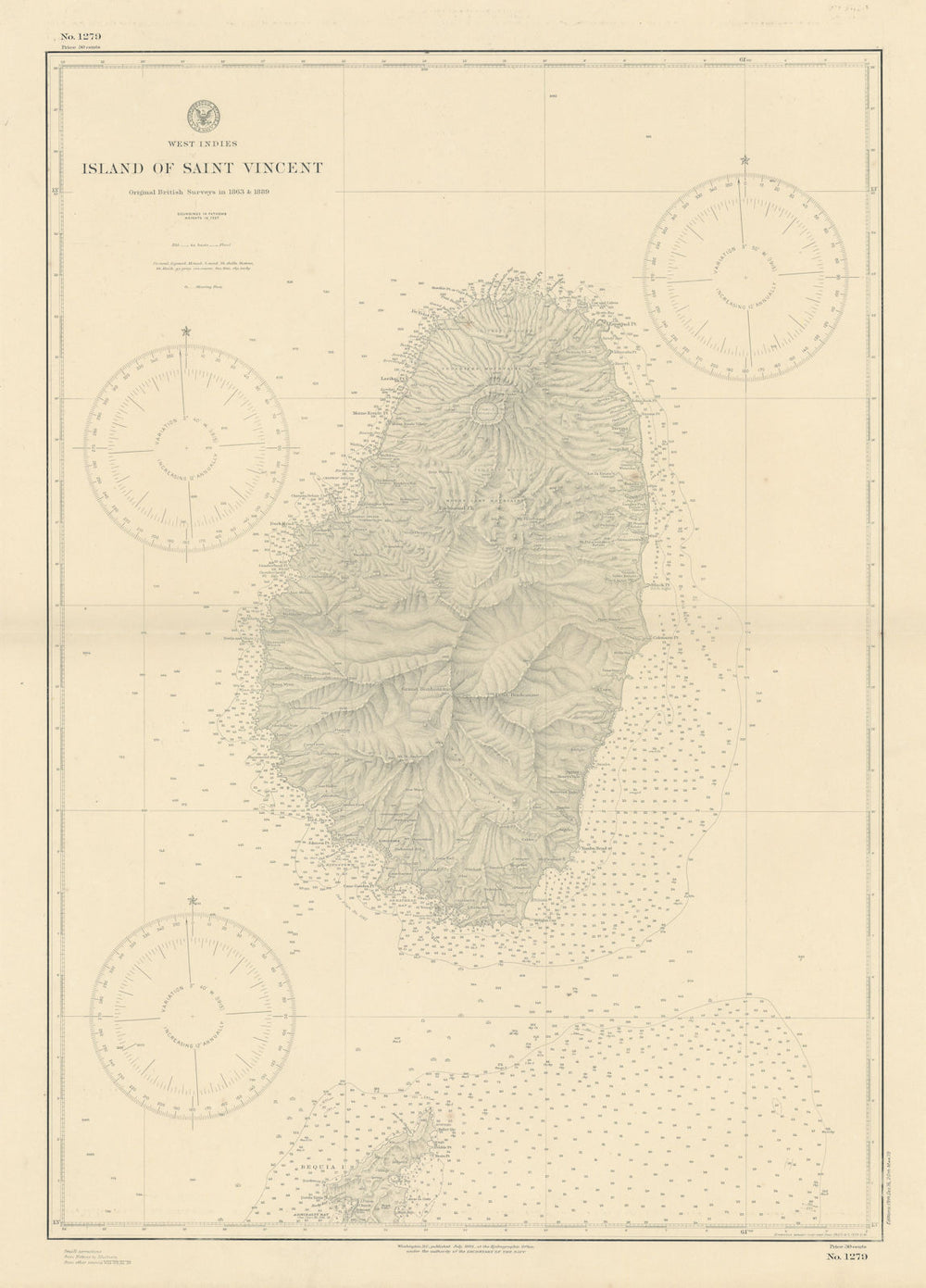 Saint Vincent & Northern Bequia Caribbean. US Navy sea chart 1891 (1919) map