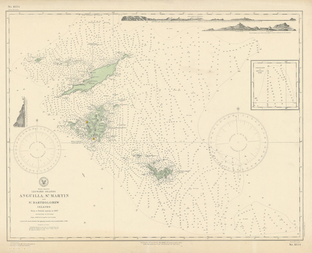 Anguilla St. Martin/Maarten Barts. Caribbean. US Navy sea chart 1899 (1917) map