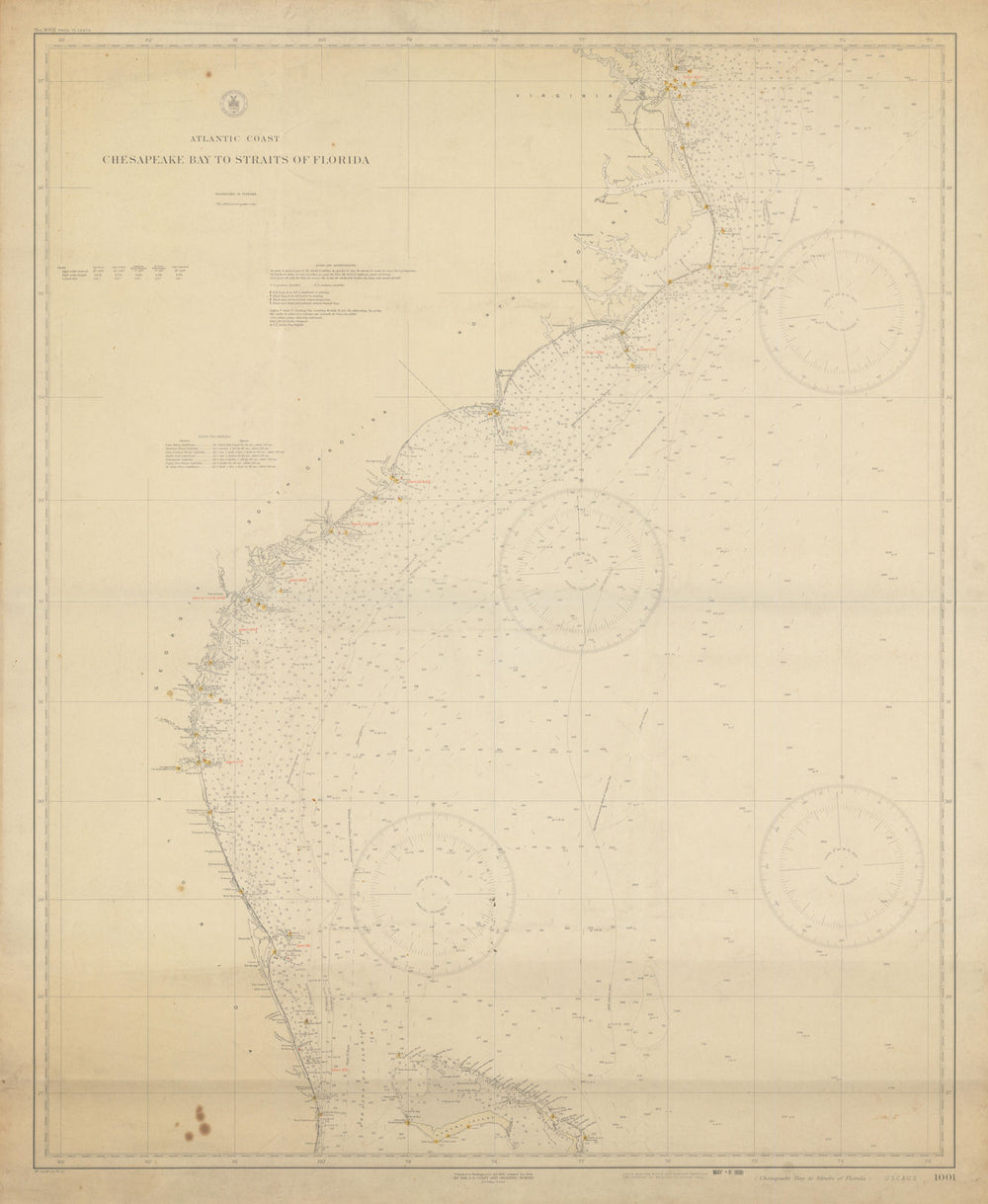 USA Atlantic Coast Chesapeake Bay-Florida Strait USCGS sea chart 1928 (1930) map