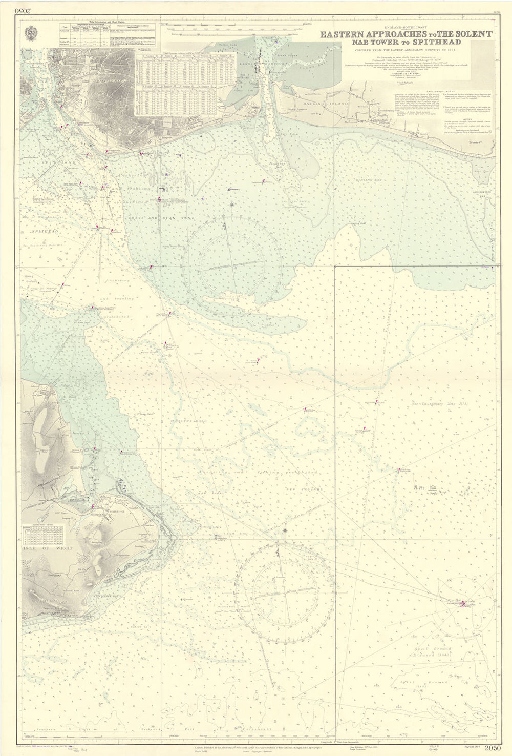 Solent eastern approach Spithead Portsmouth ADMIRALTY sea chart 1935 (1955) map