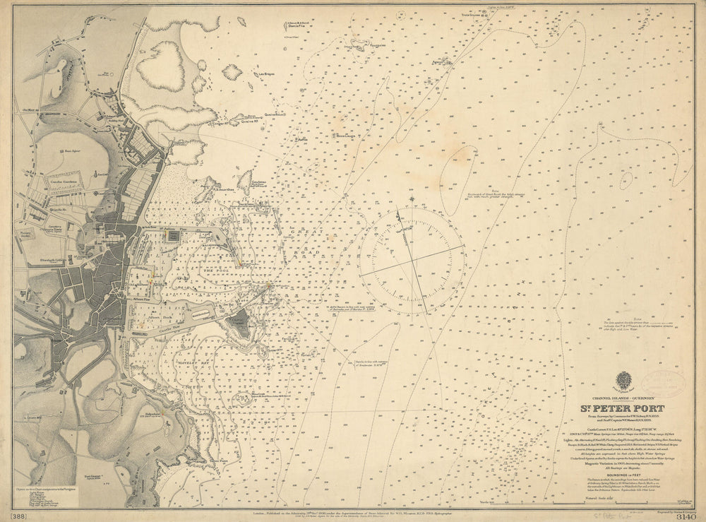 St. Peter Port, Guernsey, Channel Islands. ADMIRALTY sea chart 1900 old map