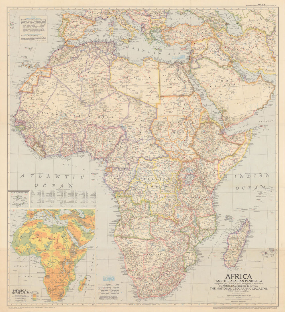 Late colonial Africa & the Arabian Peninsula. National Geographic 1950 old map