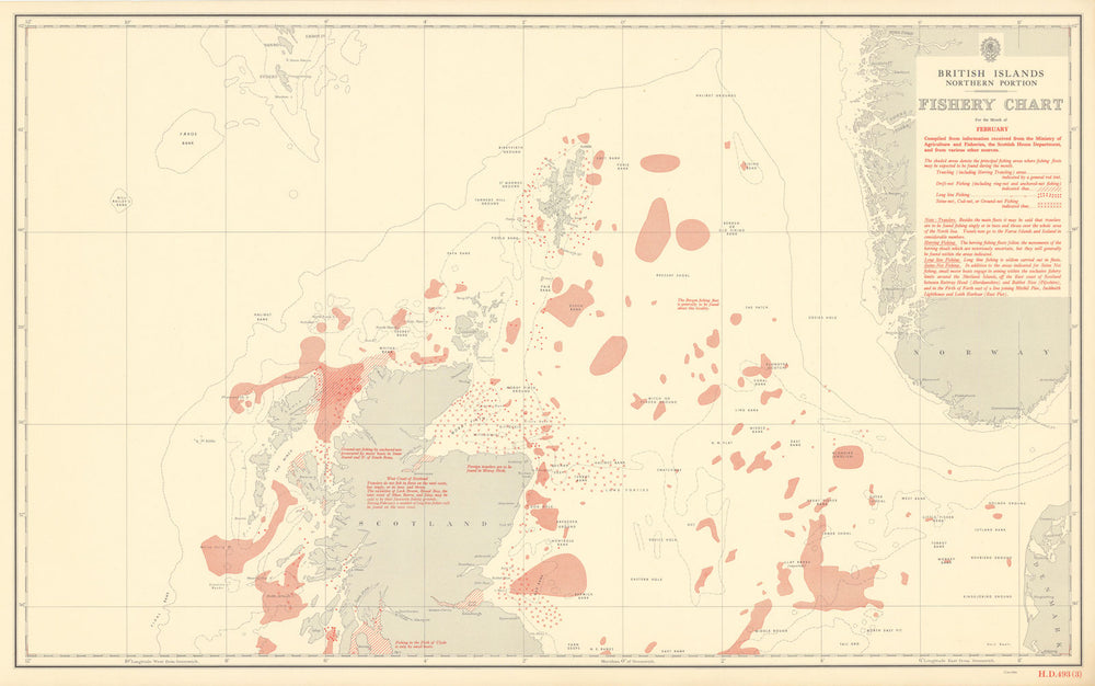 British Isles North February Fishery Chart Scotland North Sea Atlantic 1953 map