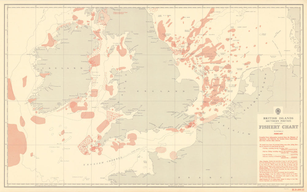 British Isles South February Fishery Chart English Channel North Sea 1953 map
