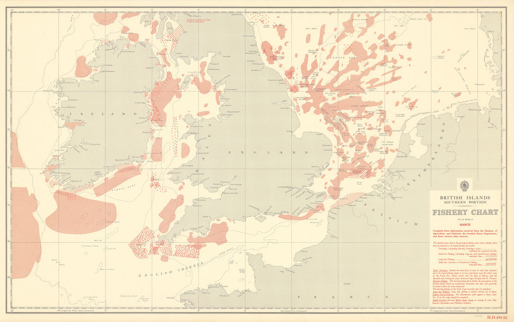 British Isles South March Fishery Chart English Channel Irish North Sea 1953 map