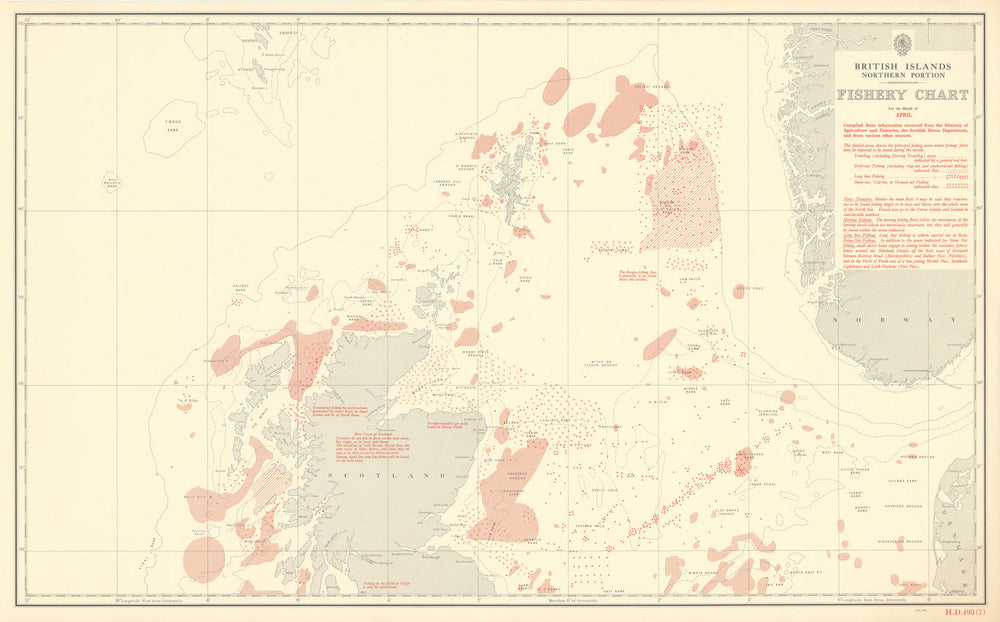 British Isles North April Fishery Chart Scotland North Sea Atlantic 1953 map