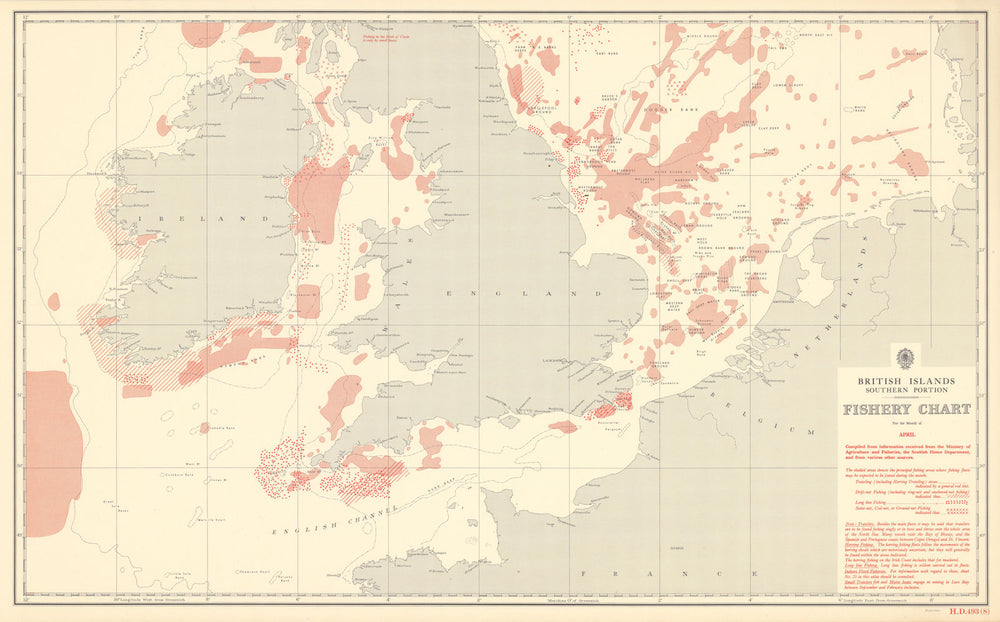 British Isles South April Fishery Chart English Channel Irish North Sea 1953 map