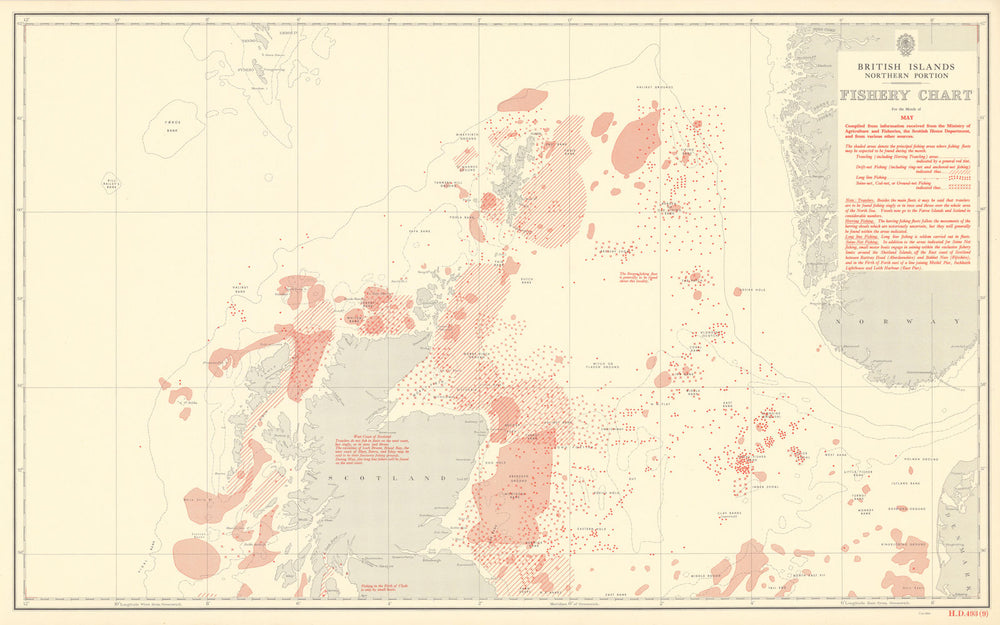 British Isles North May Fishery Chart Scotland North Sea Atlantic 1953 old map