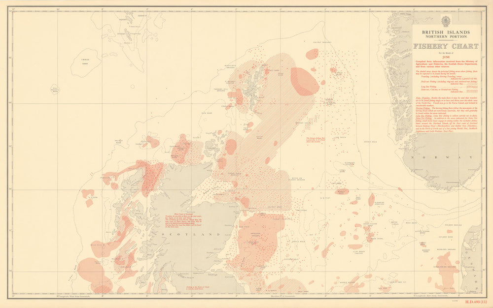 British Isles North June Fishery Chart Scotland North Sea Atlantic 1953 map