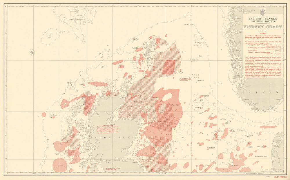 British Isles North August Fishery Chart Scotland North Sea Atlantic 1953 map