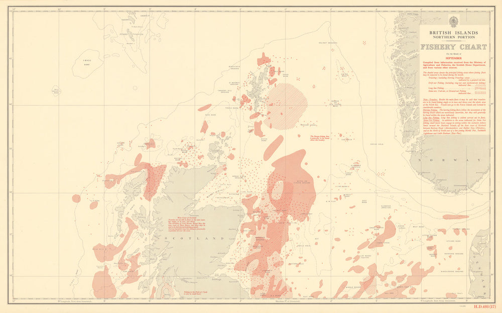 British Isles North September Fishery Chart Scotland North Sea Atlantic 1953 map