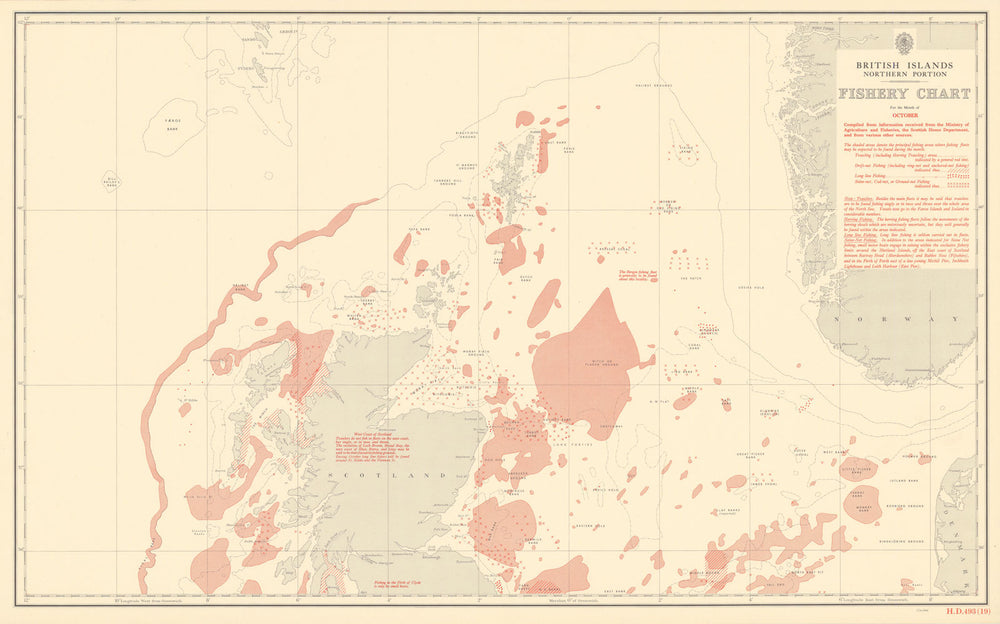 British Isles North October Fishery Chart Scotland North Sea Atlantic 1953 map