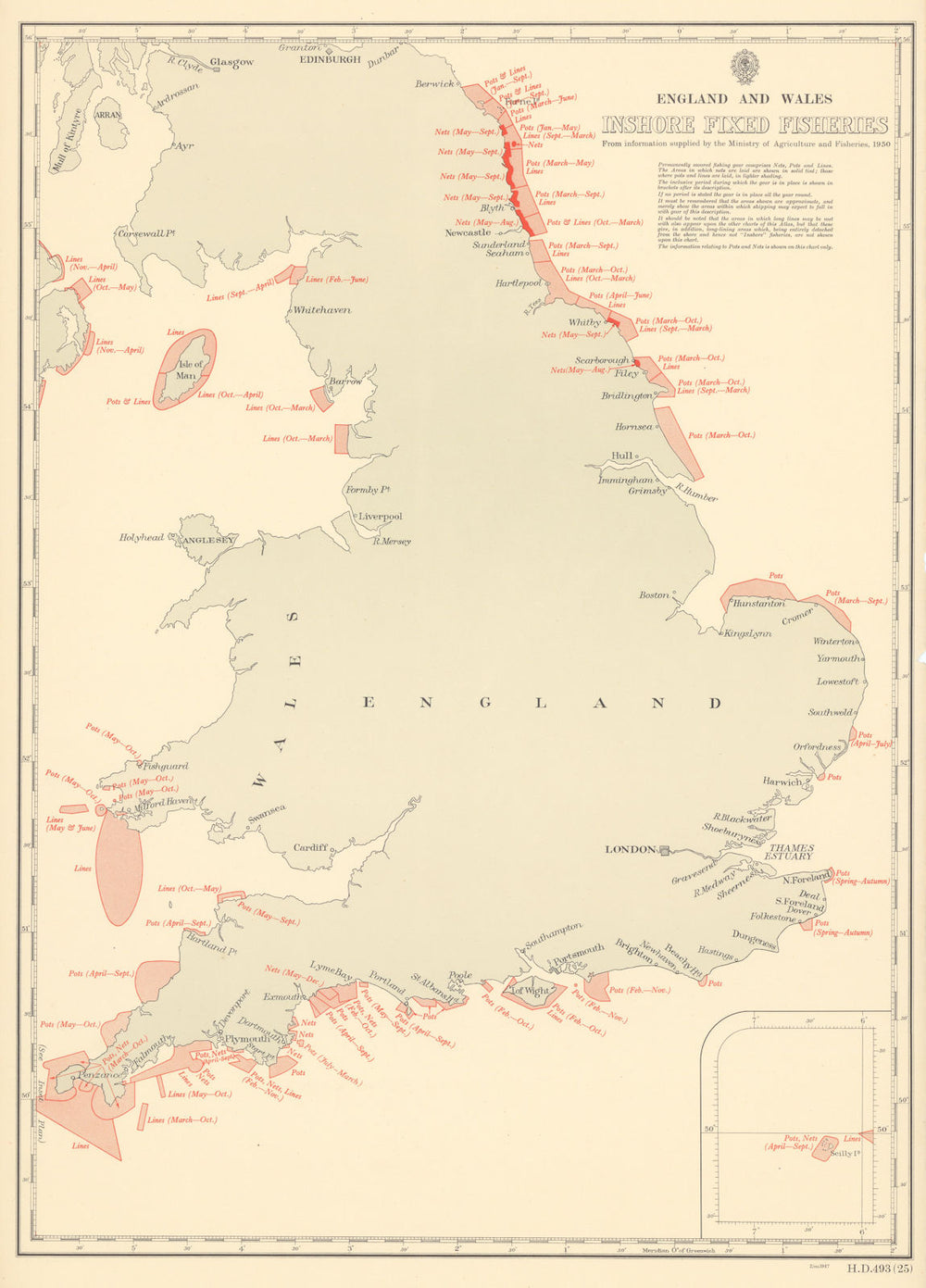 England & Wales Inshore Fixed Fisheries Lines Pots Nets 1953 old vintage map