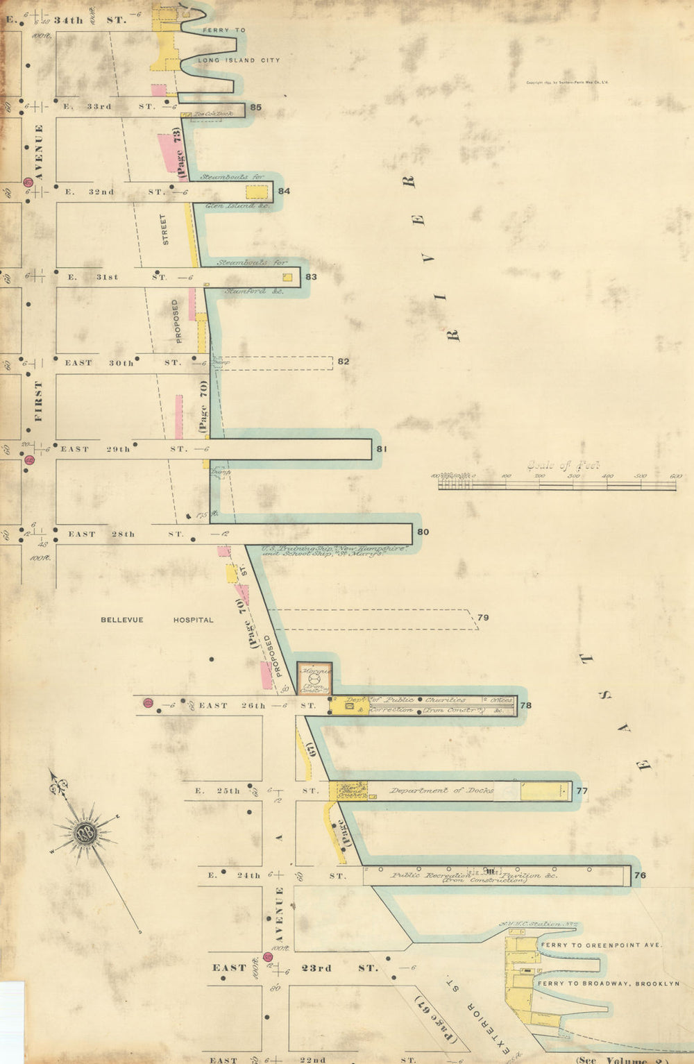 Sanborn NYC East River Piers 22nd-34th St. Queens Brooklyn Ferries 1899 map