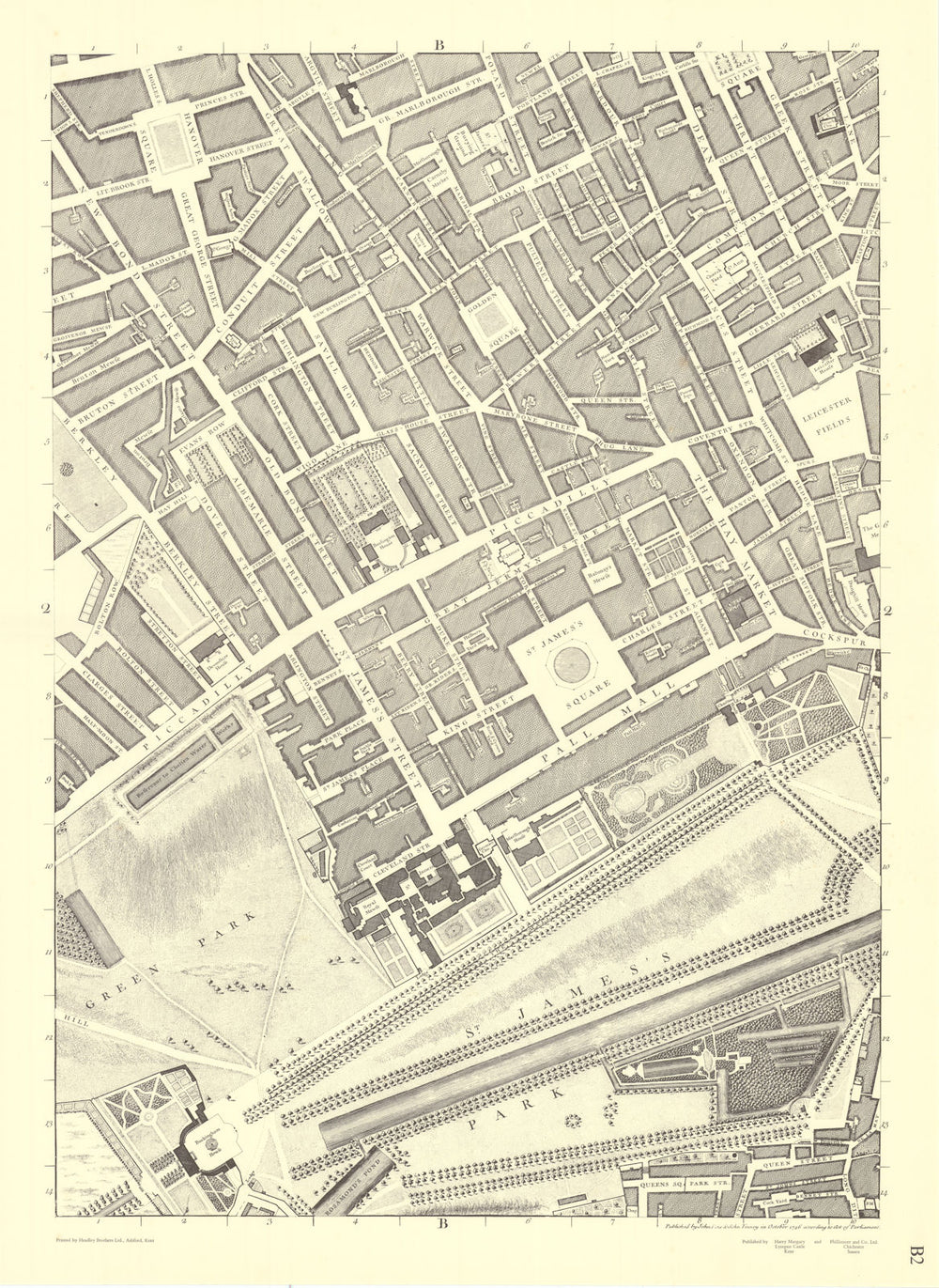 Mayfair, St James's, Soho, Green Park, West End. B2 After ROCQUE 1971 (1746) map