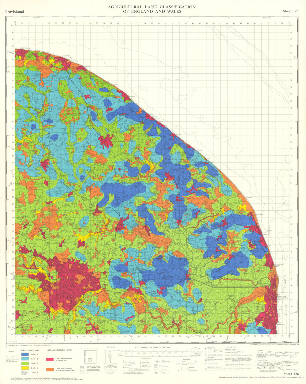 Agricultural Land Classification 126 Norwich. Norfolk Broads & Coast 1972 map