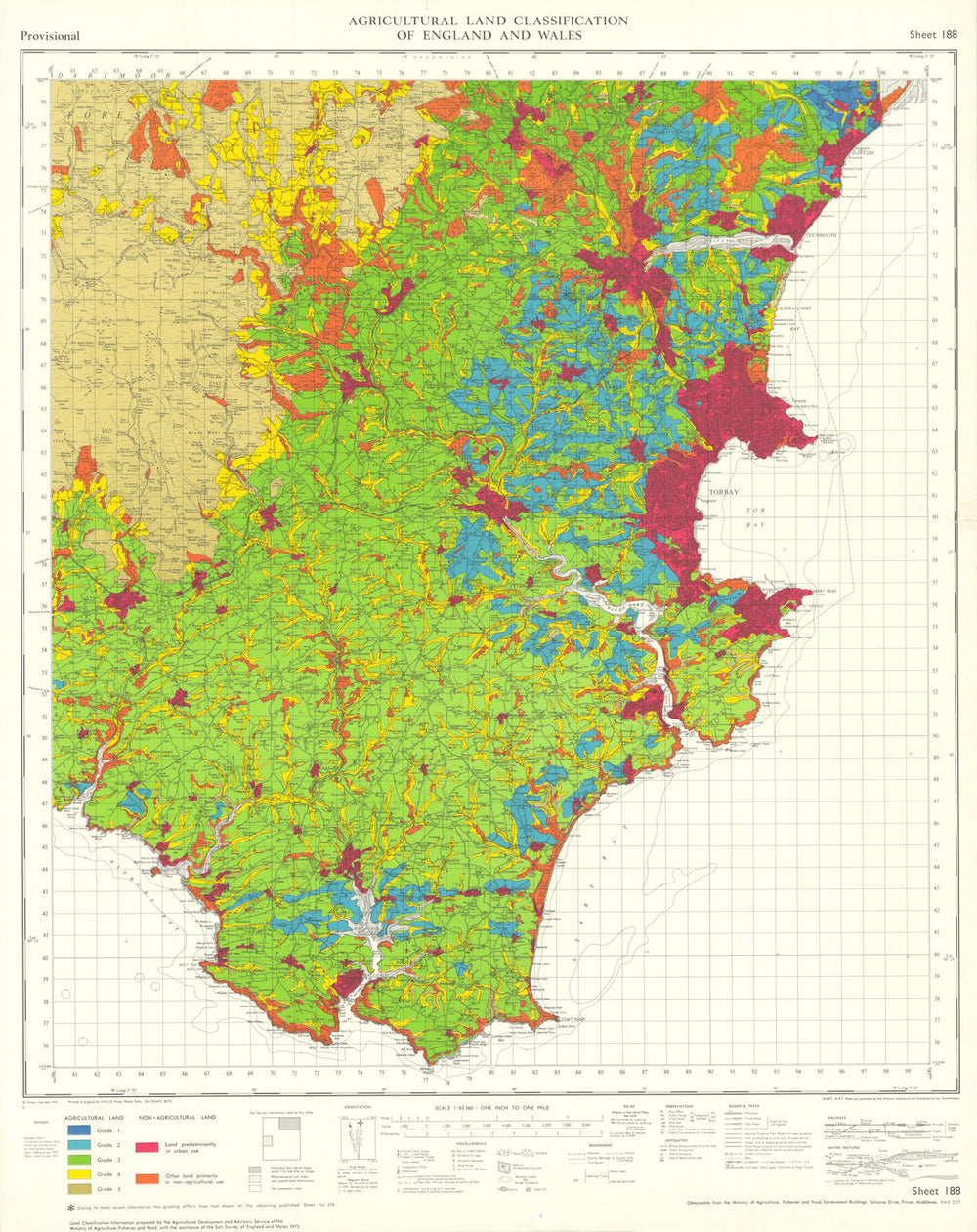 Agricultural Land Classification 188 Torquay South Hams Devon Dartmoor 1973 map