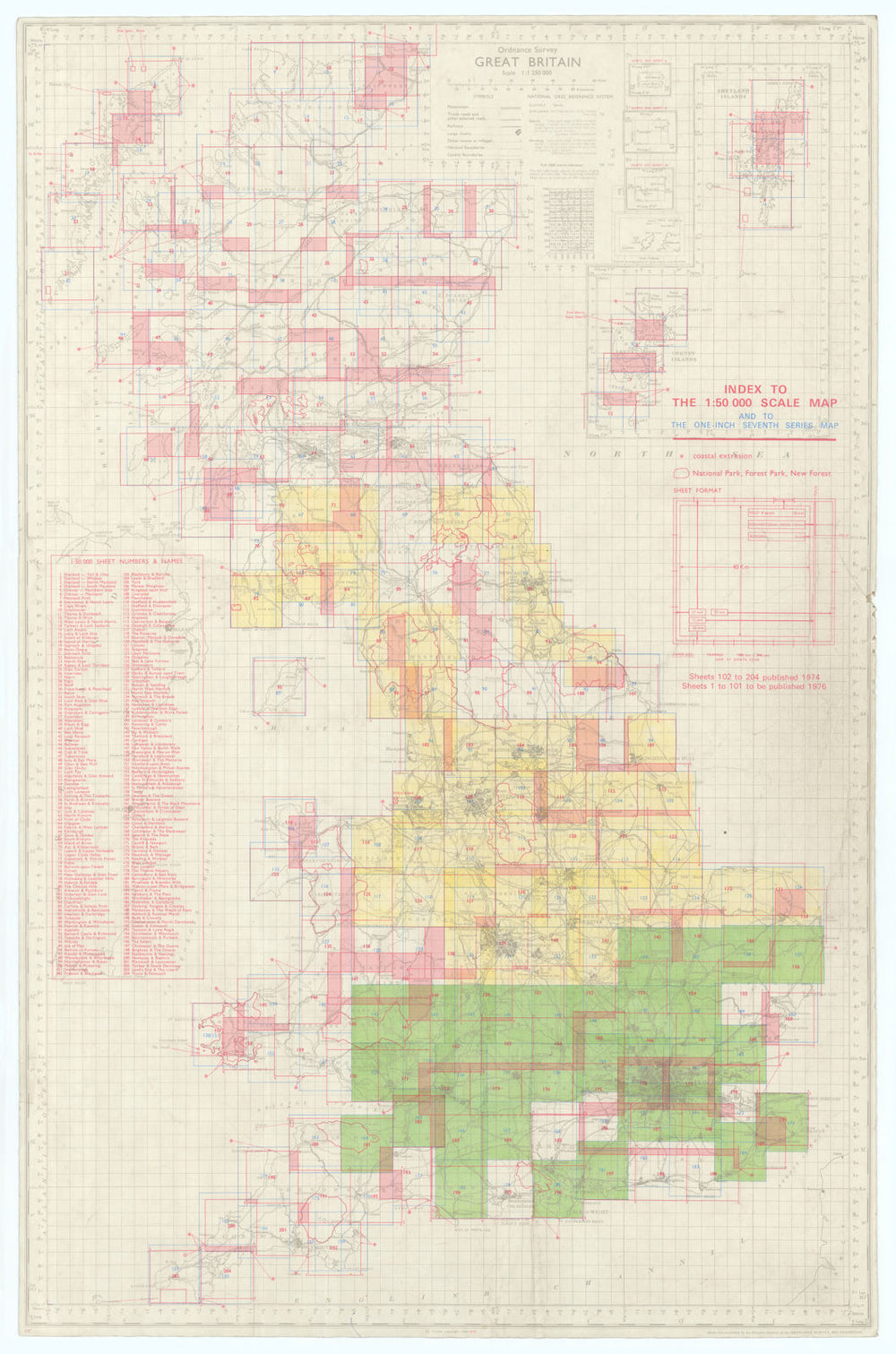 Ordnance Survey Great Britain Index 1:50000 scale & One-inch 7th series 1974 map