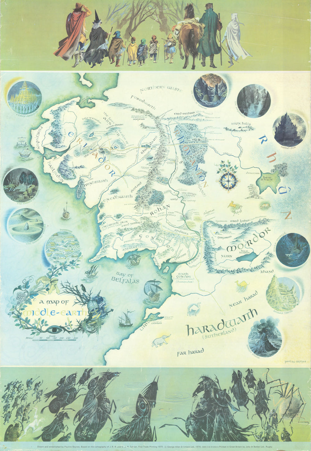 A map of Middle-earth by Pauline Baynes, JRR & CJR Tolkien. 73x50cm. 1970