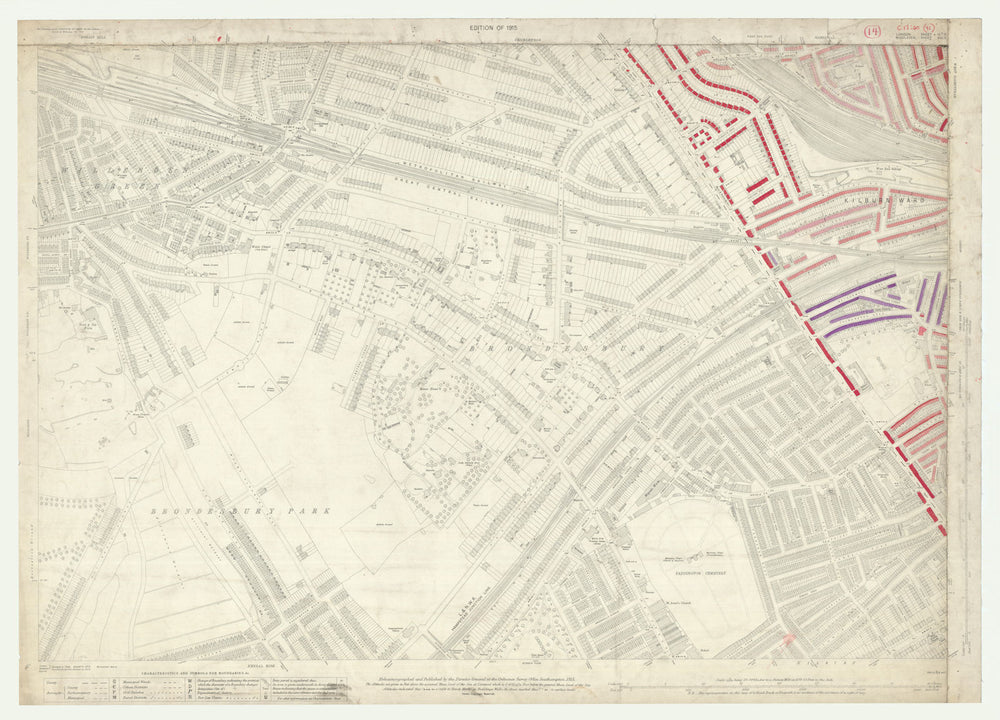 LSE POVERTY OS PROOF MAP Kilburn - West Hampstead - Brondesbury 1928 old