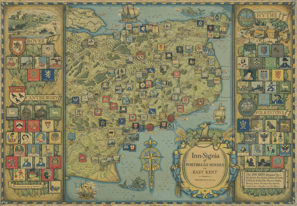 Inn-Signia of Whitbread Houses in East Kent. Pub signs by David Burley 1950 map