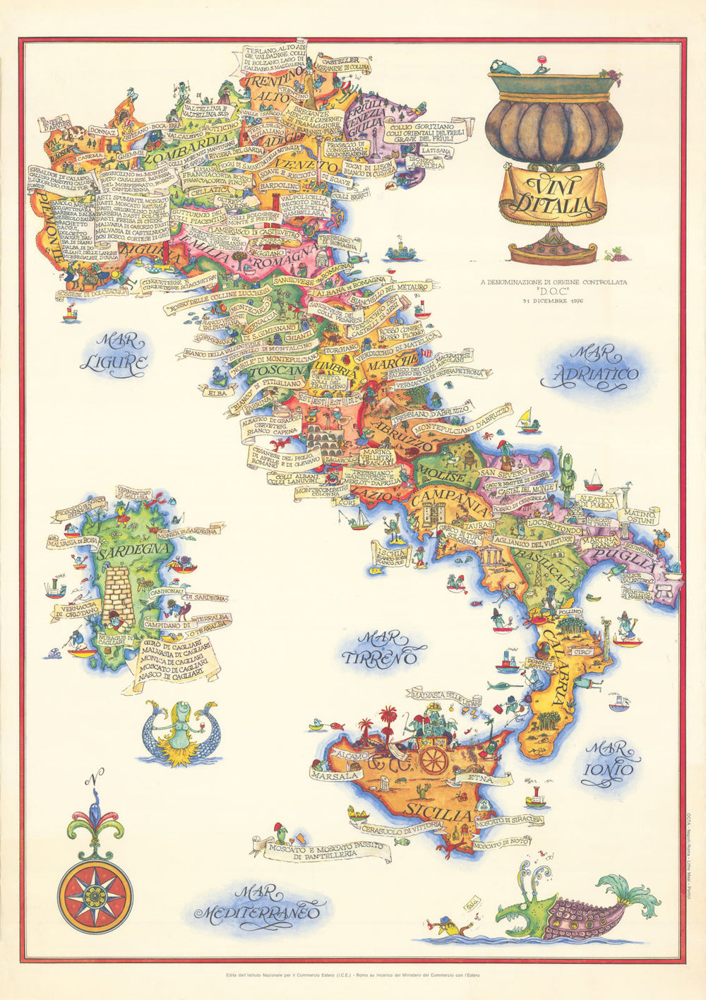 Vini d'Italia Denominazione di Origine Controllata Italy pictorial wine map 1976