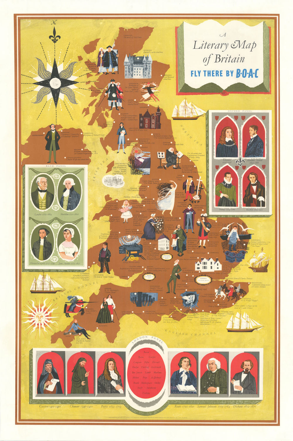A Literary Map of Britain. Fly there by BOAC. By Robert Tavener 1962 old