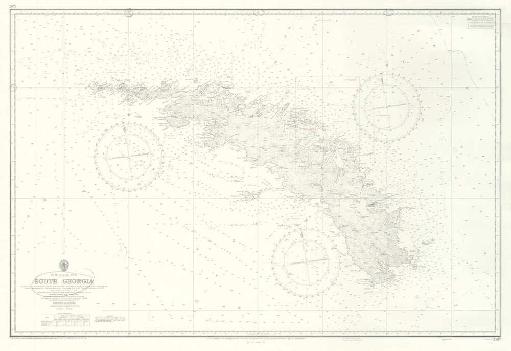 South Georgia Admiralty chart used on HMS Glamorgan in 1982 war. 1958 (1984) map
