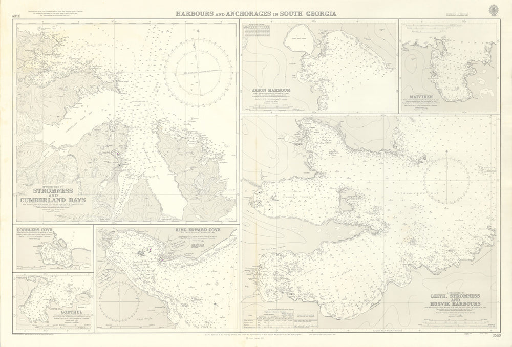 South Georgia Harbours Admiralty chart. From HMS Glamorgan 1982 1930 (1979) map